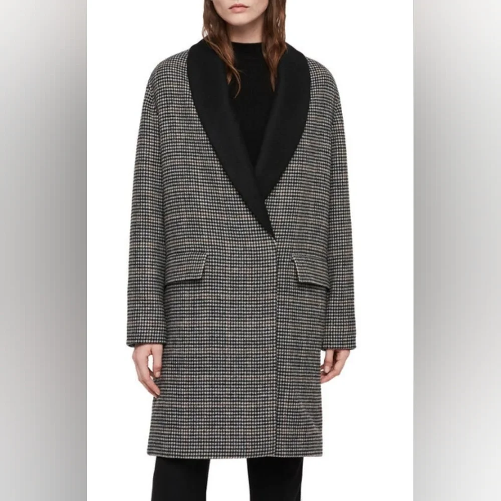 Size Medium Allsaints Paige check wool blend oversized coat - Picture 2 of 8